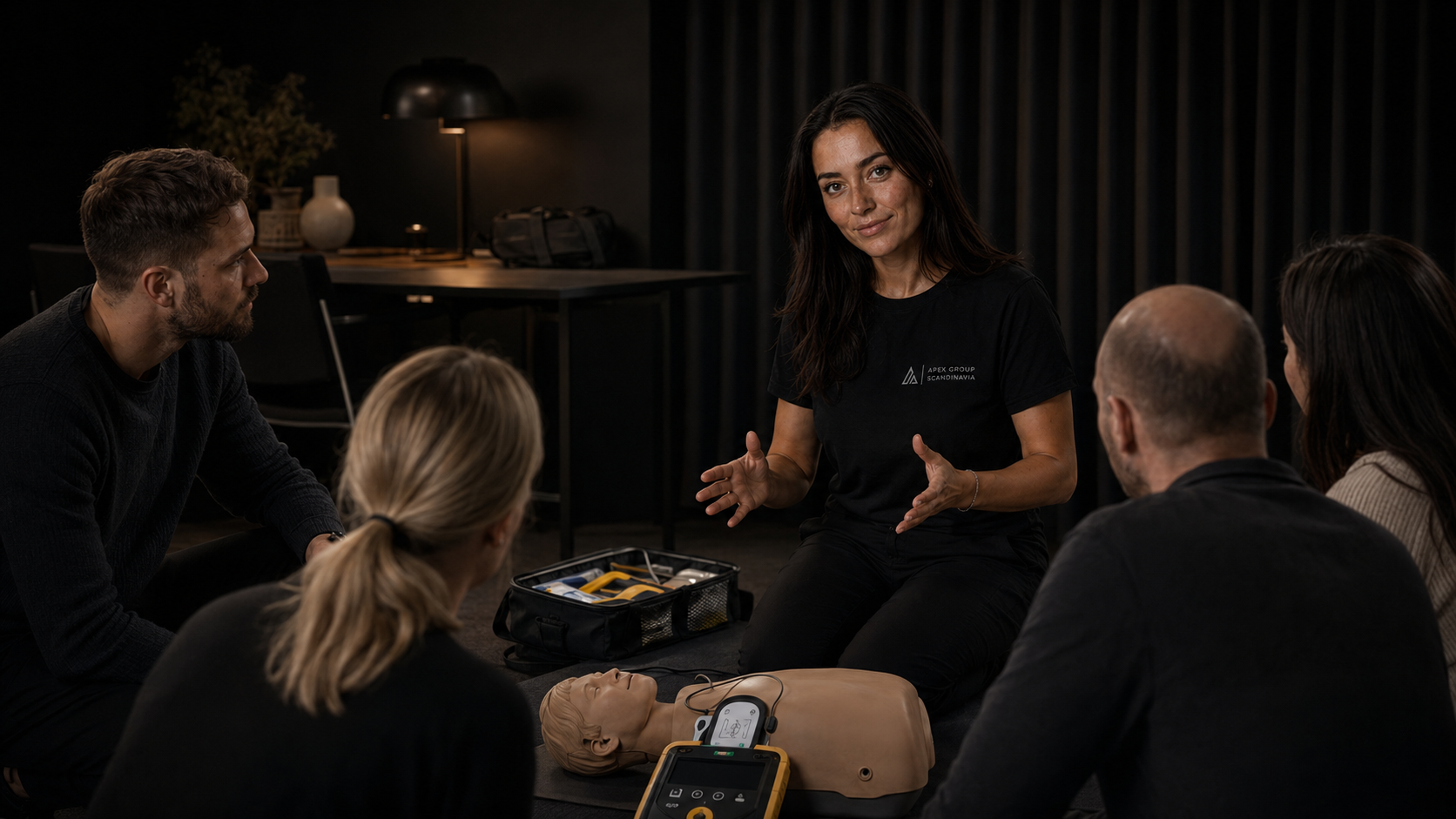 Instruktör från Apex Group Scandinavia undervisar grupp i HLR och hjärtstartare