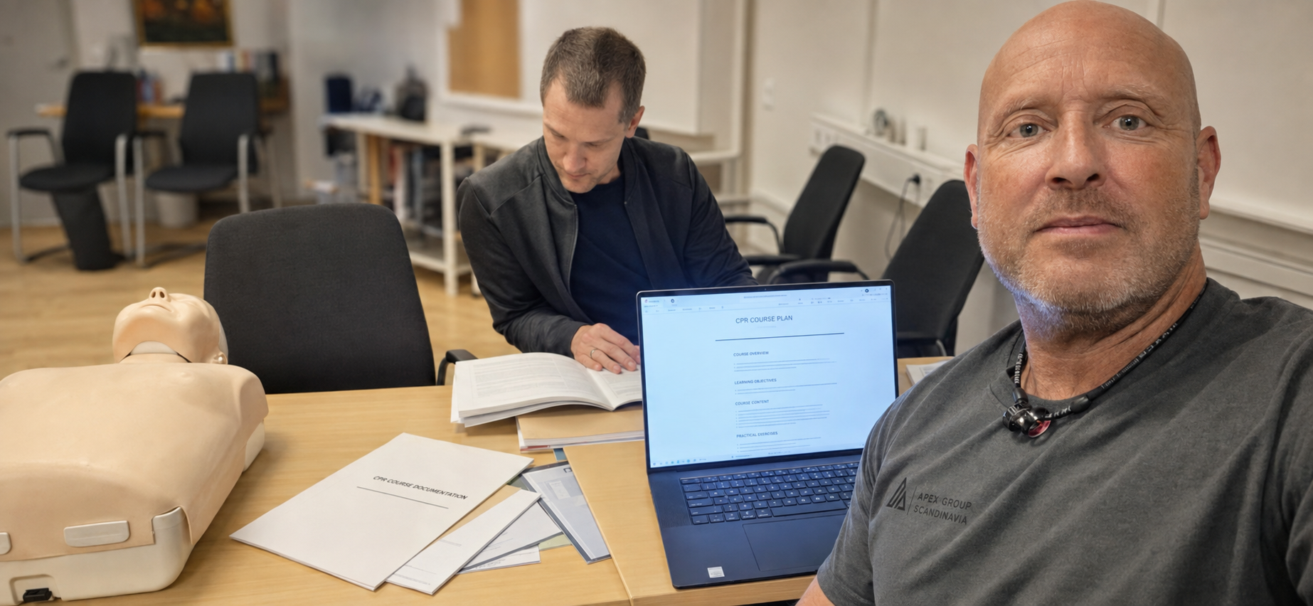 Robert Land planerar kursupplägg vid laptop tillsammans med kollega och övningsdocka