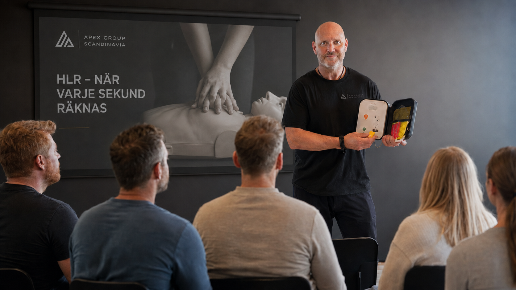 Robert Land visar en hjärtstartare för kursdeltagare framför presentationsduk