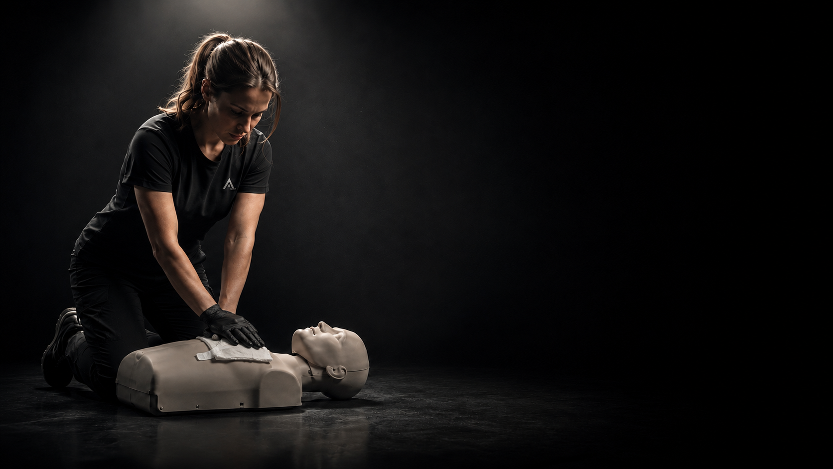 Kvinna övar bröstkompressioner på mannekäng med medicinska handskar
